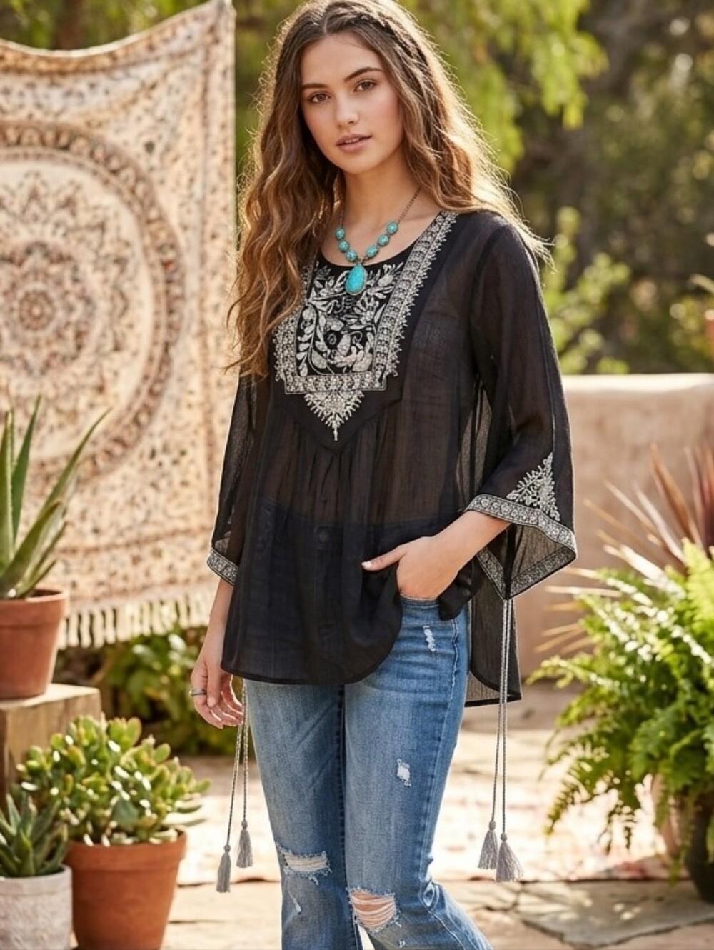 NWT World Market Black Embroidered Tunic Blouse Flowy Boho Hippie Top